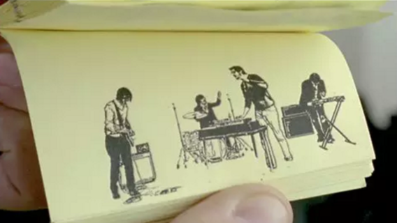 The sketched figures of a band playing their instruments in a flip book.
